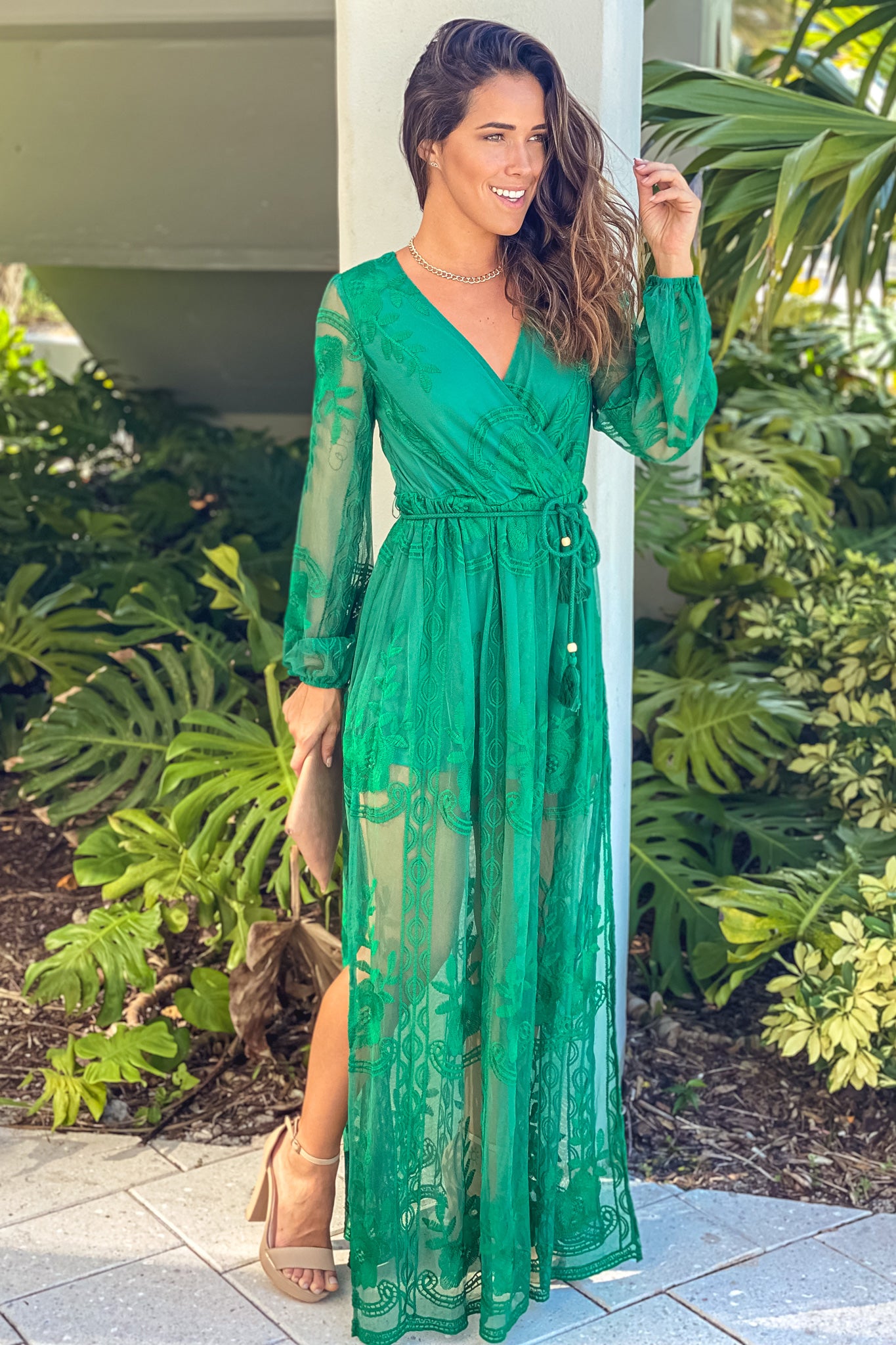 Hunter Green Lace Maxi Dress With Belt ...